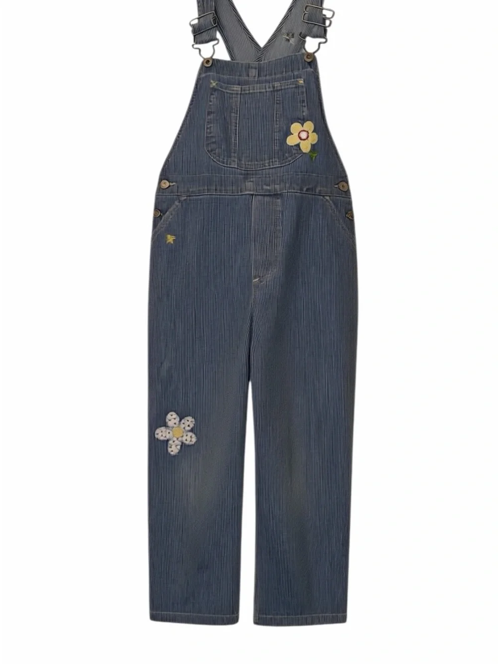 Vtg Gap Kids girls hickory strip floral embroidered overalls sz S